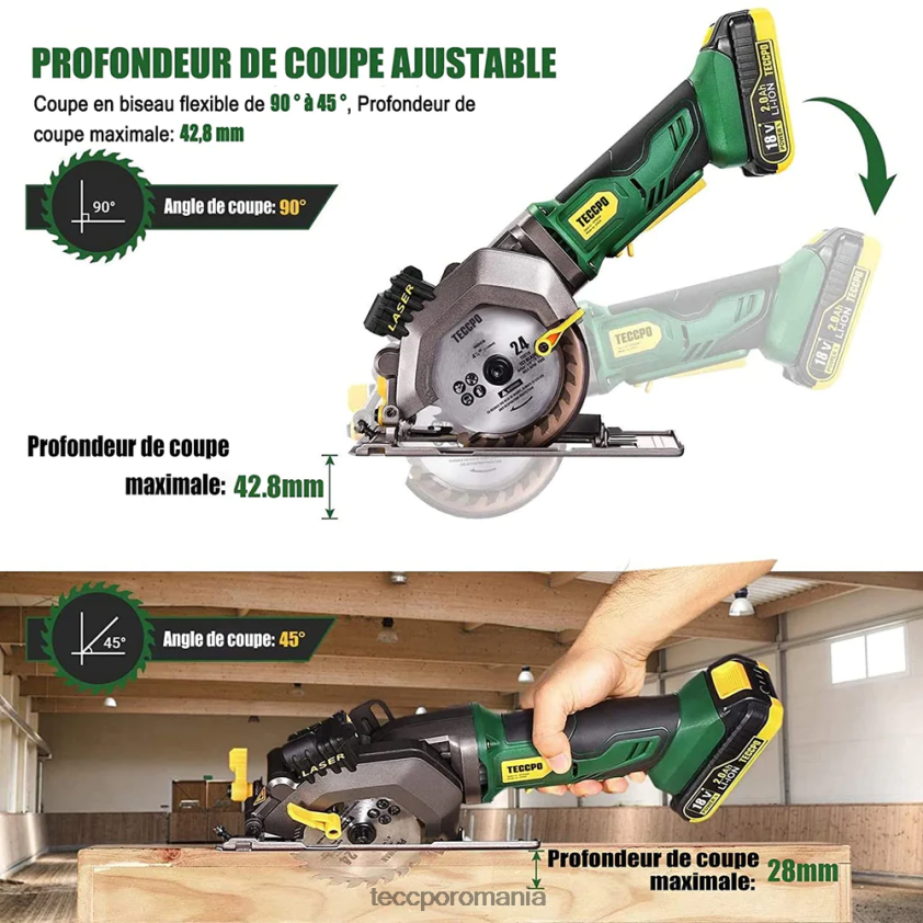 TECCPO Mini ferăstrău circular fără fir de 18 V cu ghidaj laser VF0BR26 prelucrarea lemnului