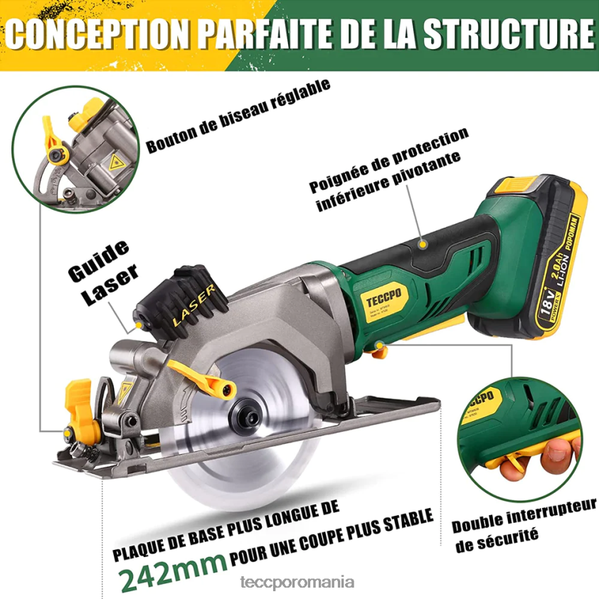 TECCPO Mini ferăstrău circular fără fir de 18 V cu ghidaj laser VF0BR26 prelucrarea lemnului